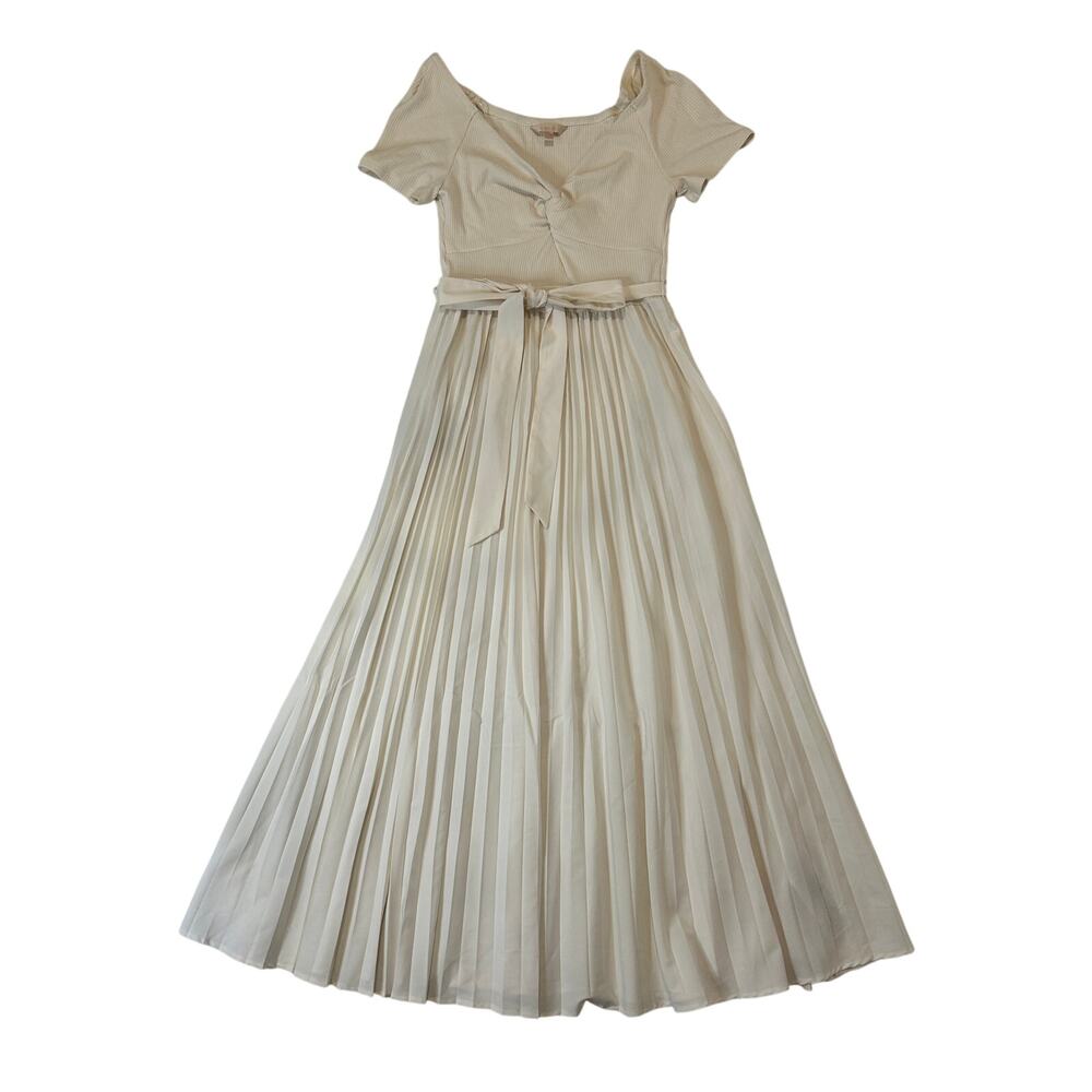 Guess women's Cream Ribbed Bodice Satin Pleated Midi Dress
